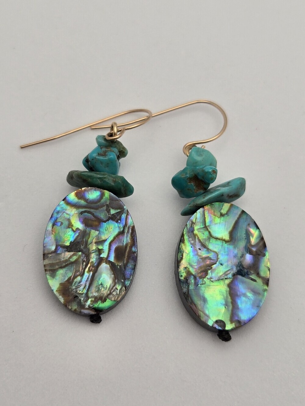 10K Gold Handmade Abalone Shell & Turquoise Dangle Earrings Hooks 1.5" Boho